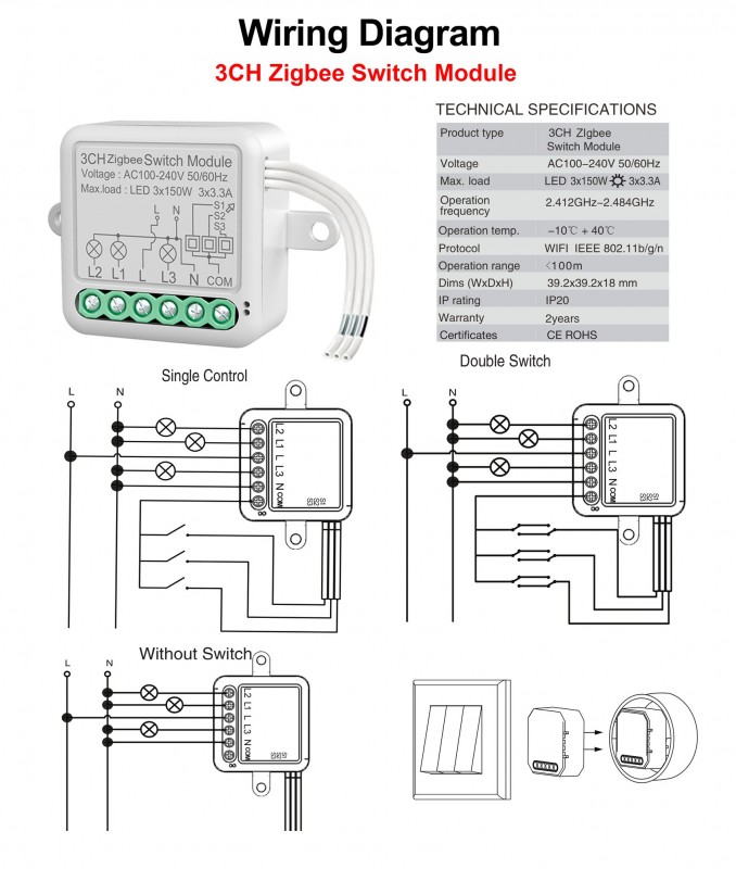 Реле 3-х канальное 3CH WI-FI SWITCH MODULE УМНЫЙ-ДОМ max3*150W max3*3.3A IP20 SPF10518
