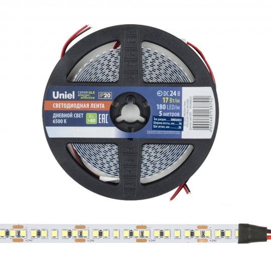 Светодиодная лента ULS-2835-180LED/m-10mm-IP20-DC24V-17W/m-5M-6500K RSP