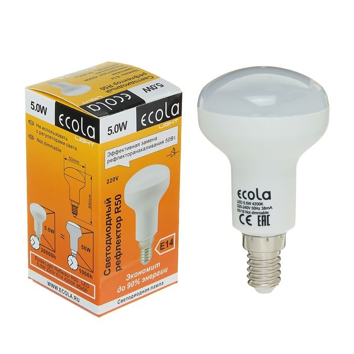 Ecola Light Reflector R50 LED 5,0W 220V E14 4200K 85x50