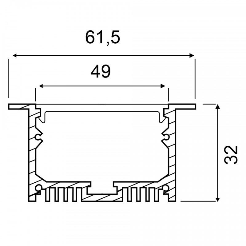 Профиль PRO633 / GS.6332 алюминиевый встраиваемый 2,5МЕТРА (2500х61,5х32мм, встр. р. 49мм; с экраном