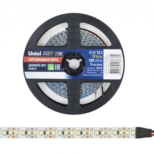 Светодиодная лента ULS-2835-180LED/m-10mm-IP20-DC12V-17W/m-5M-6500K PROFI RSP